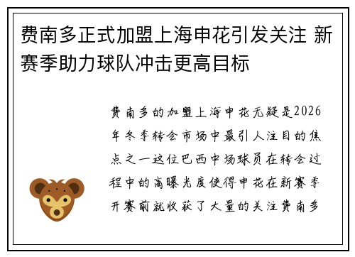 费南多正式加盟上海申花引发关注 新赛季助力球队冲击更高目标